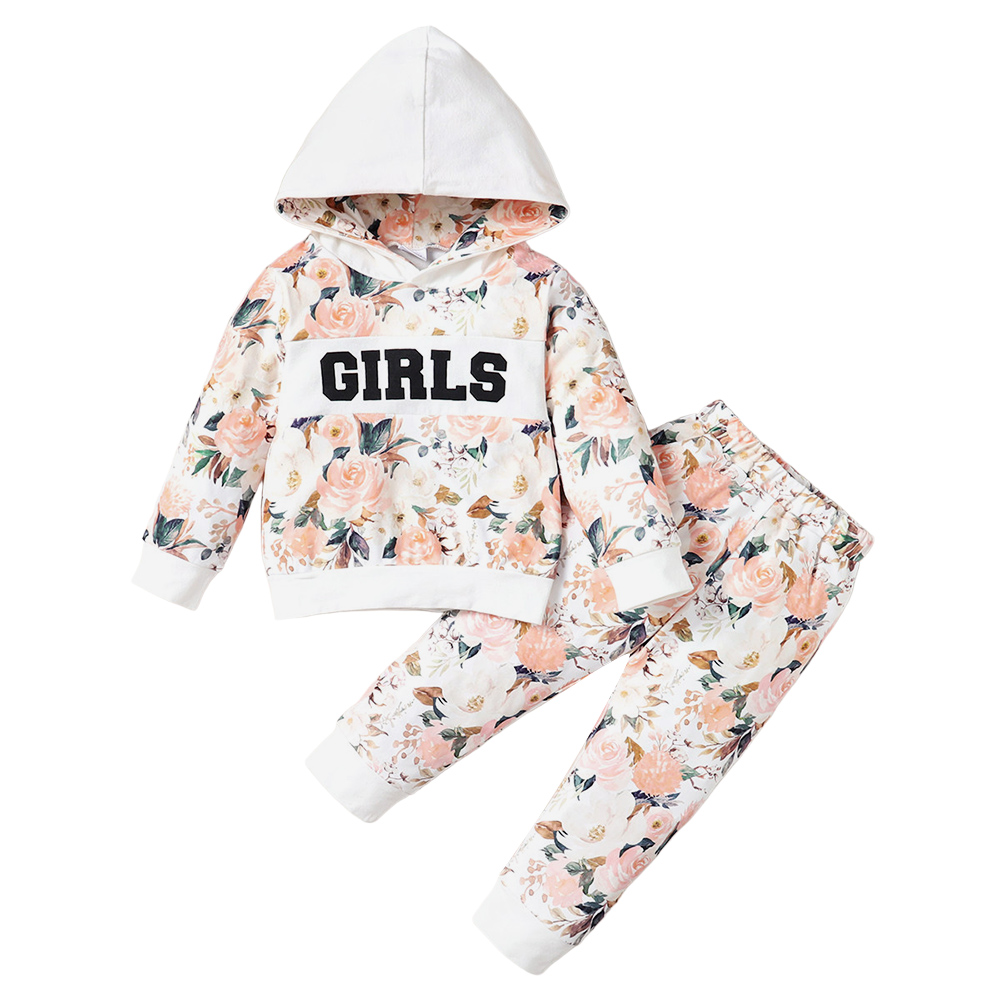 BrownBark - 2pc-Set - Girls Floral Printed Hooded T-shirt & Pant - Multicolor
