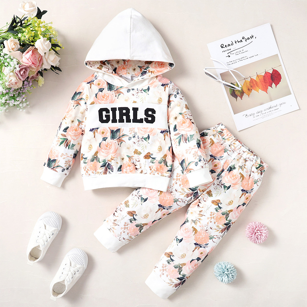 BrownBark - 2pc-Set - Girls Floral Printed Hooded T-shirt & Pant - Multicolor