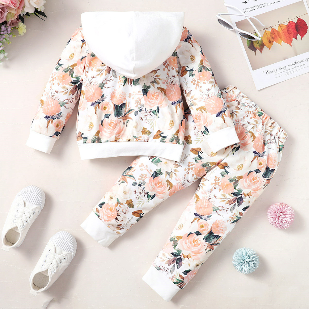 BrownBark - 2pc-Set - Girls Floral Printed Hooded T-shirt & Pant - Multicolor