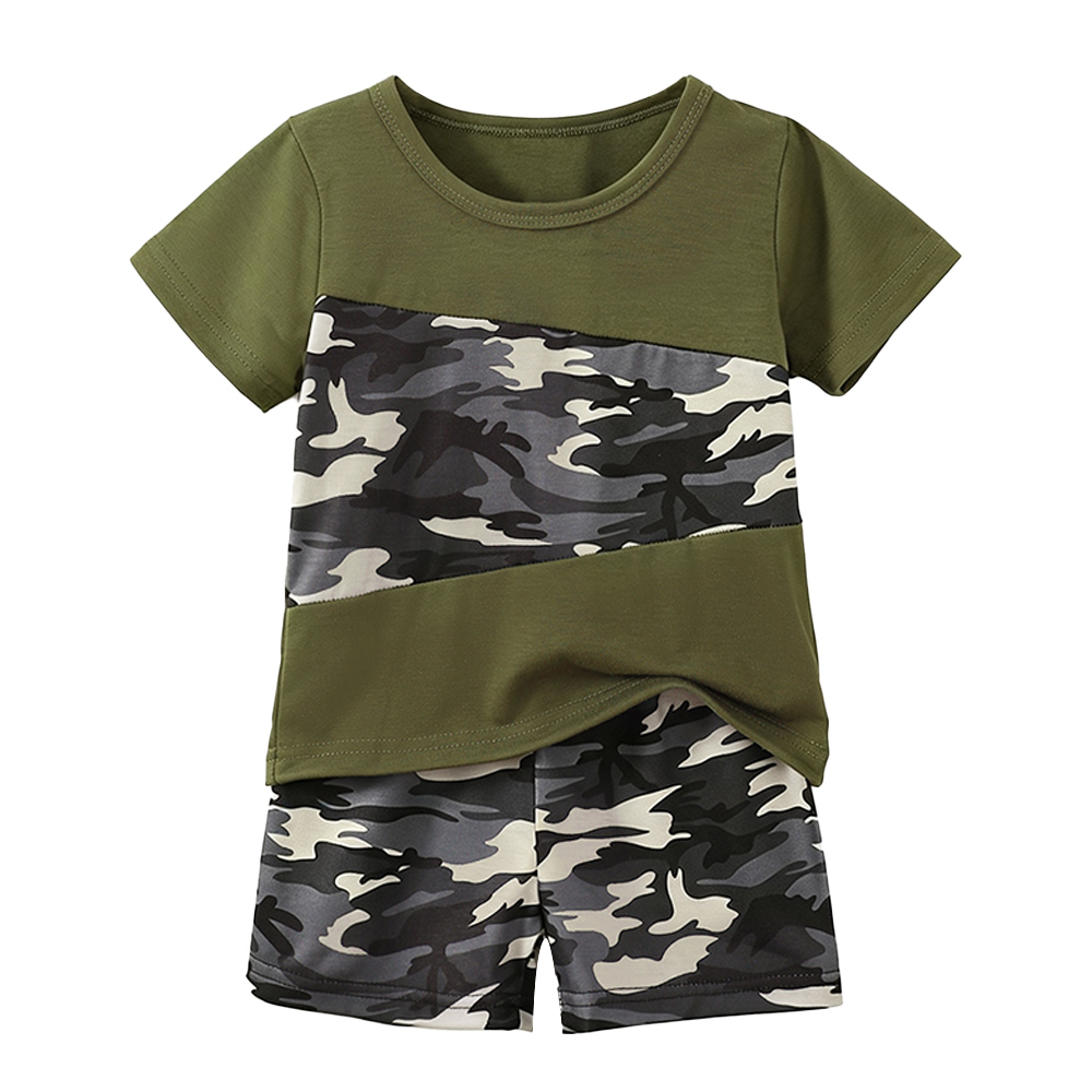 BrownBark - Boys Camouflage Design T-Shirt and Shorts - Green - 2 Pcs