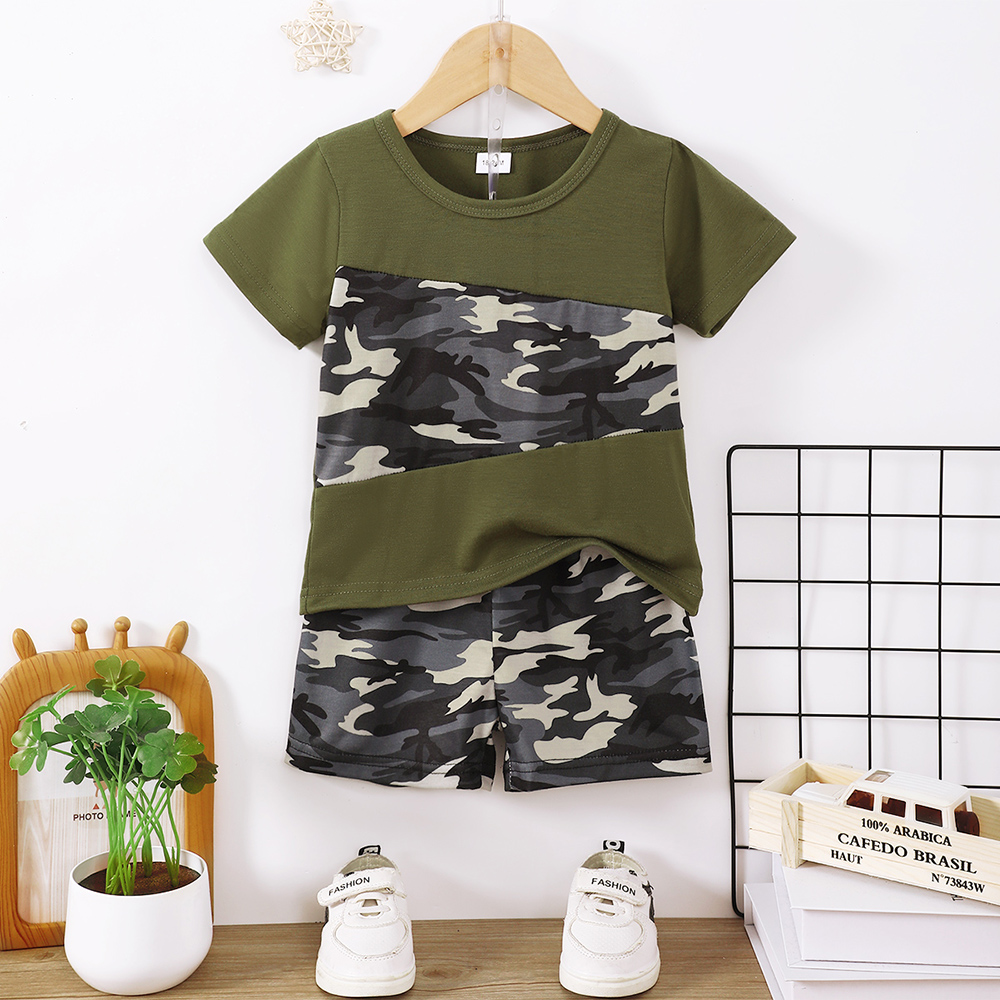 BrownBark - Boys Camouflage Design T-Shirt and Shorts - Green - 2 Pcs