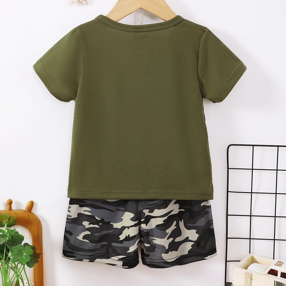 BrownBark - Boys Camouflage Design T-Shirt and Shorts - Green - 2 Pcs