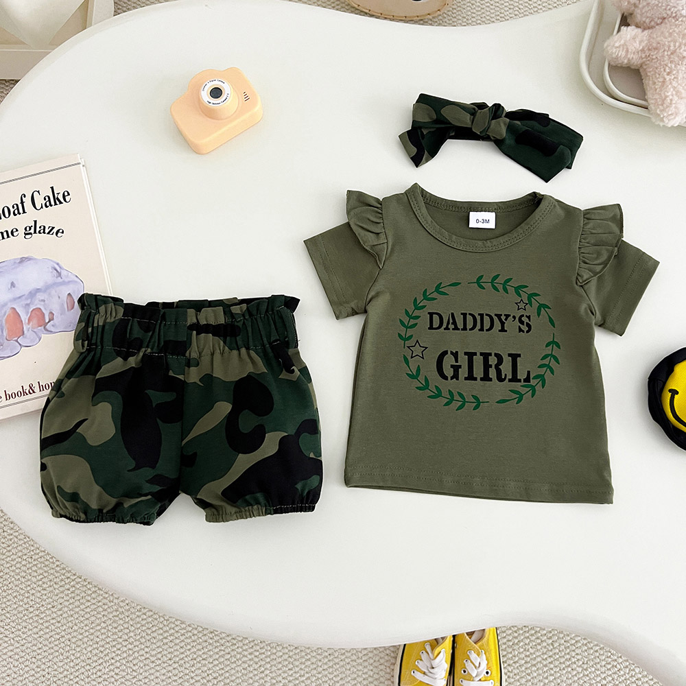 BrownBark - 3pc-Set - Daddy's Girl Printed T-shirt & Shorts - Green