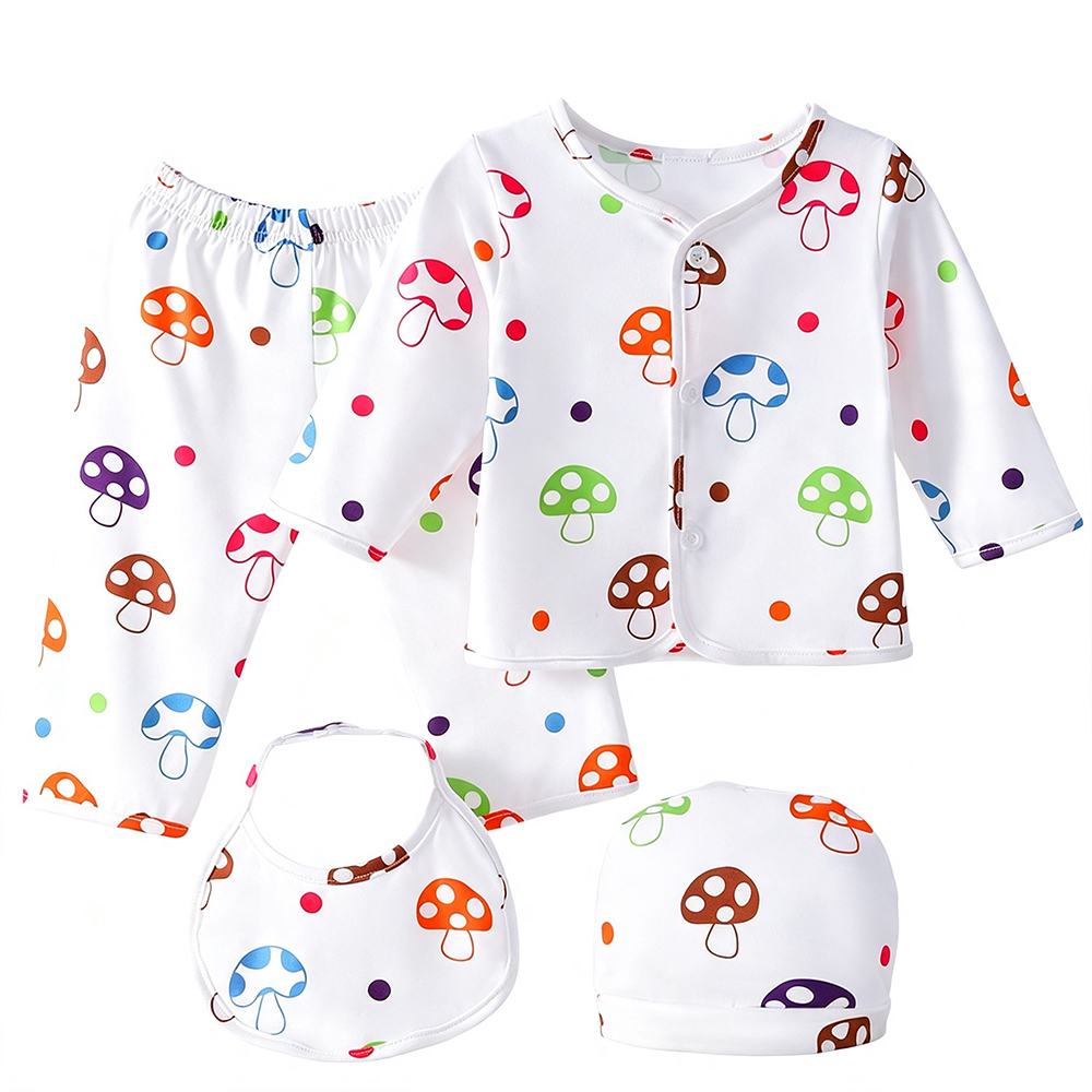 BrownBark - 4pc-Set - Cute Cartoon Print Baby Matching Set - White