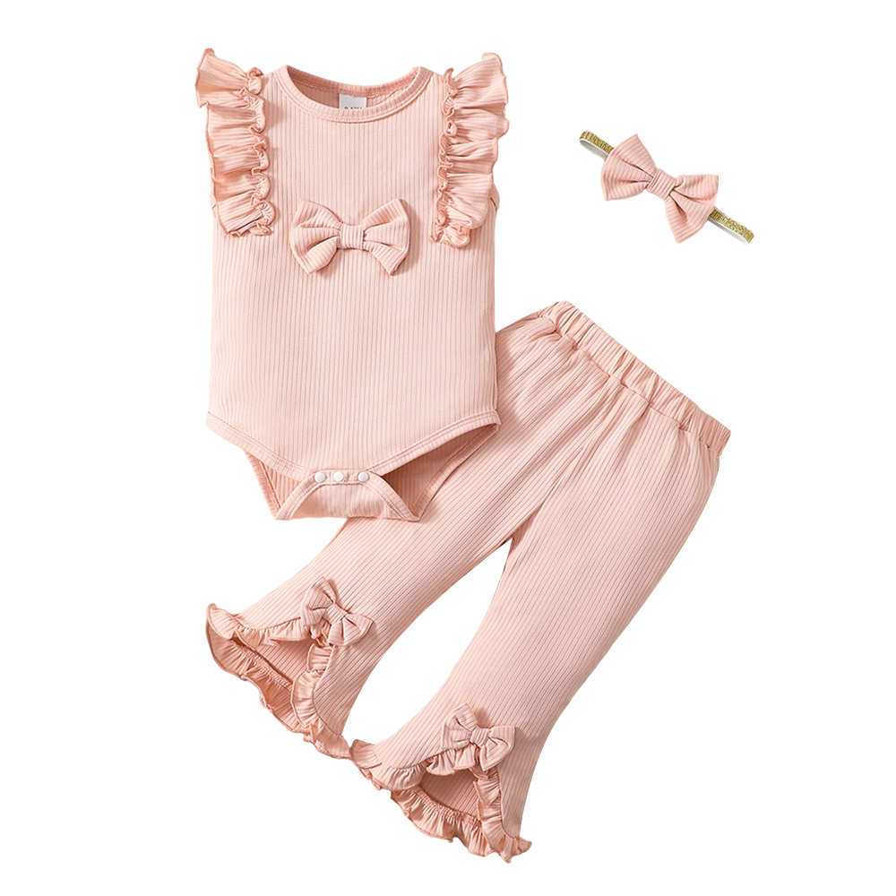 BrownBark - 3pc-Set - Girls Knit Romper Set With Hairband - Pink