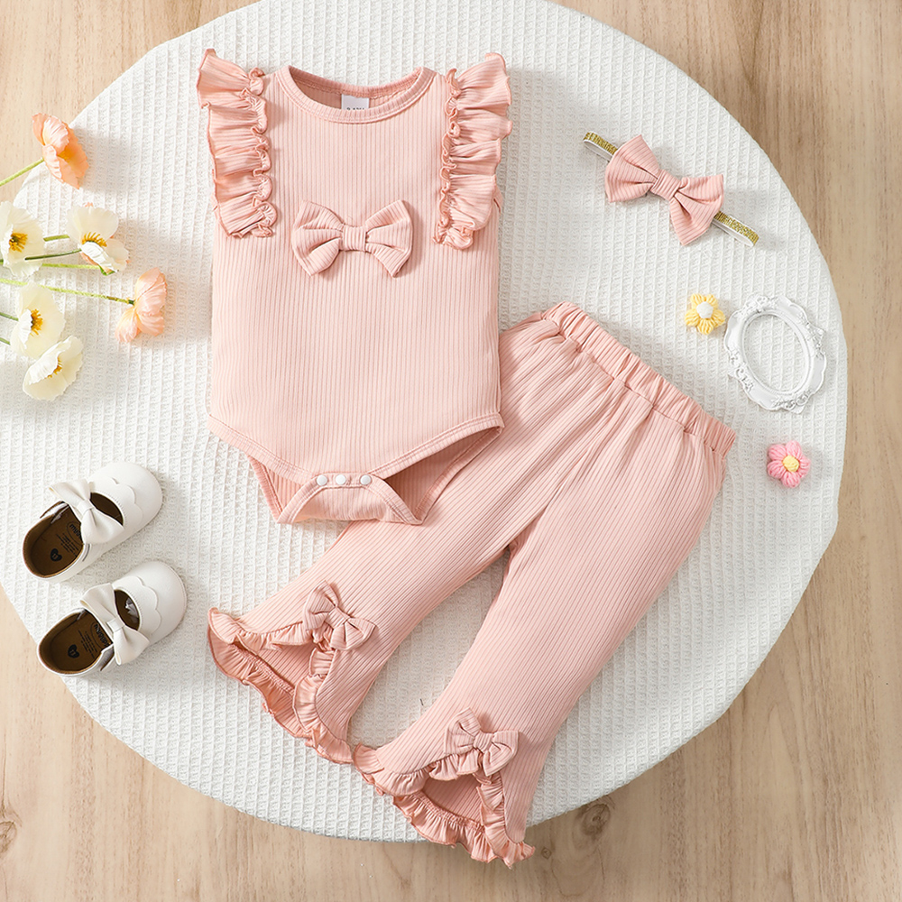 BrownBark - 3pc-Set - Girls Knit Romper Set With Hairband - Pink
