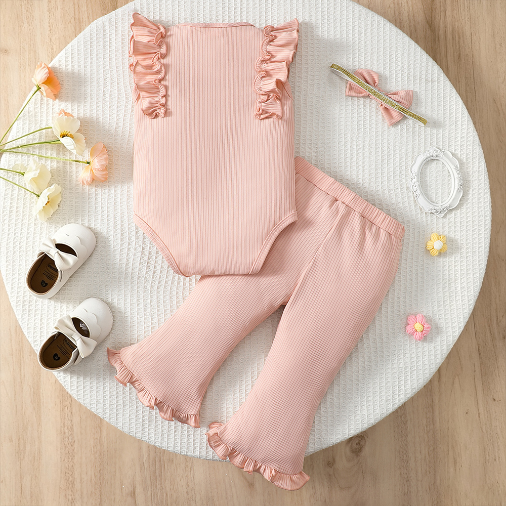 BrownBark - 3pc-Set - Girls Knit Romper Set With Hairband - Pink