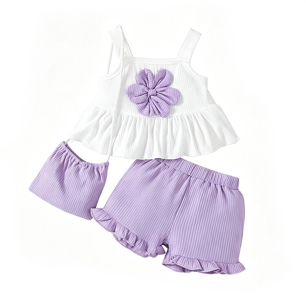BrownBark - 3pc-Set - Casual Girls Matching Set With Bag - White/Purple