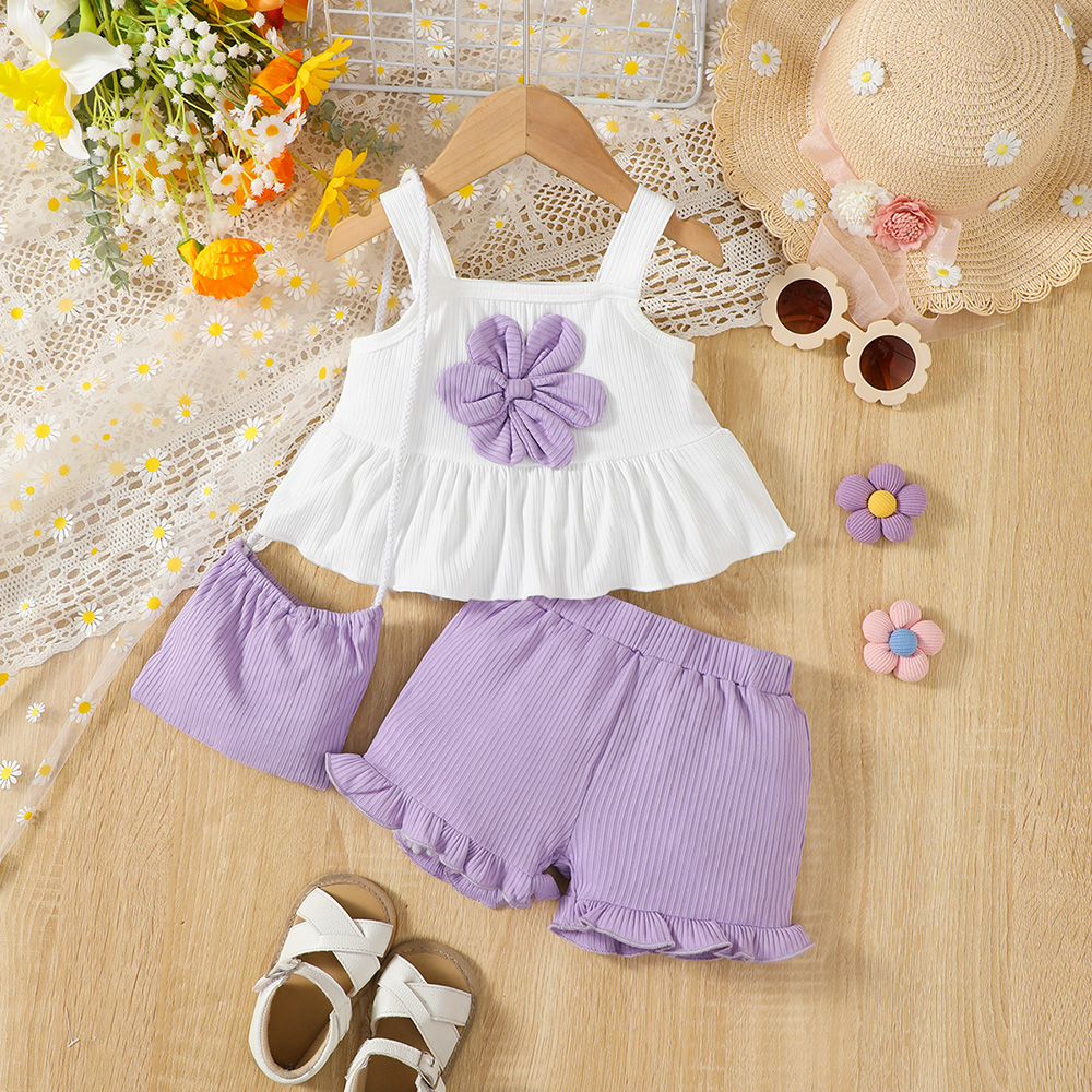 BrownBark - 3pc-Set - Casual Girls Matching Set With Bag - White/Purple