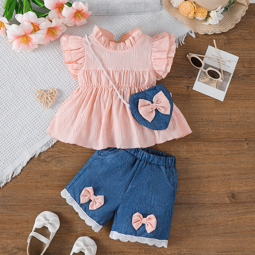 BrownBark - 3pc-Set - Casual Girls Matching Set With Bag - Pink/Blue