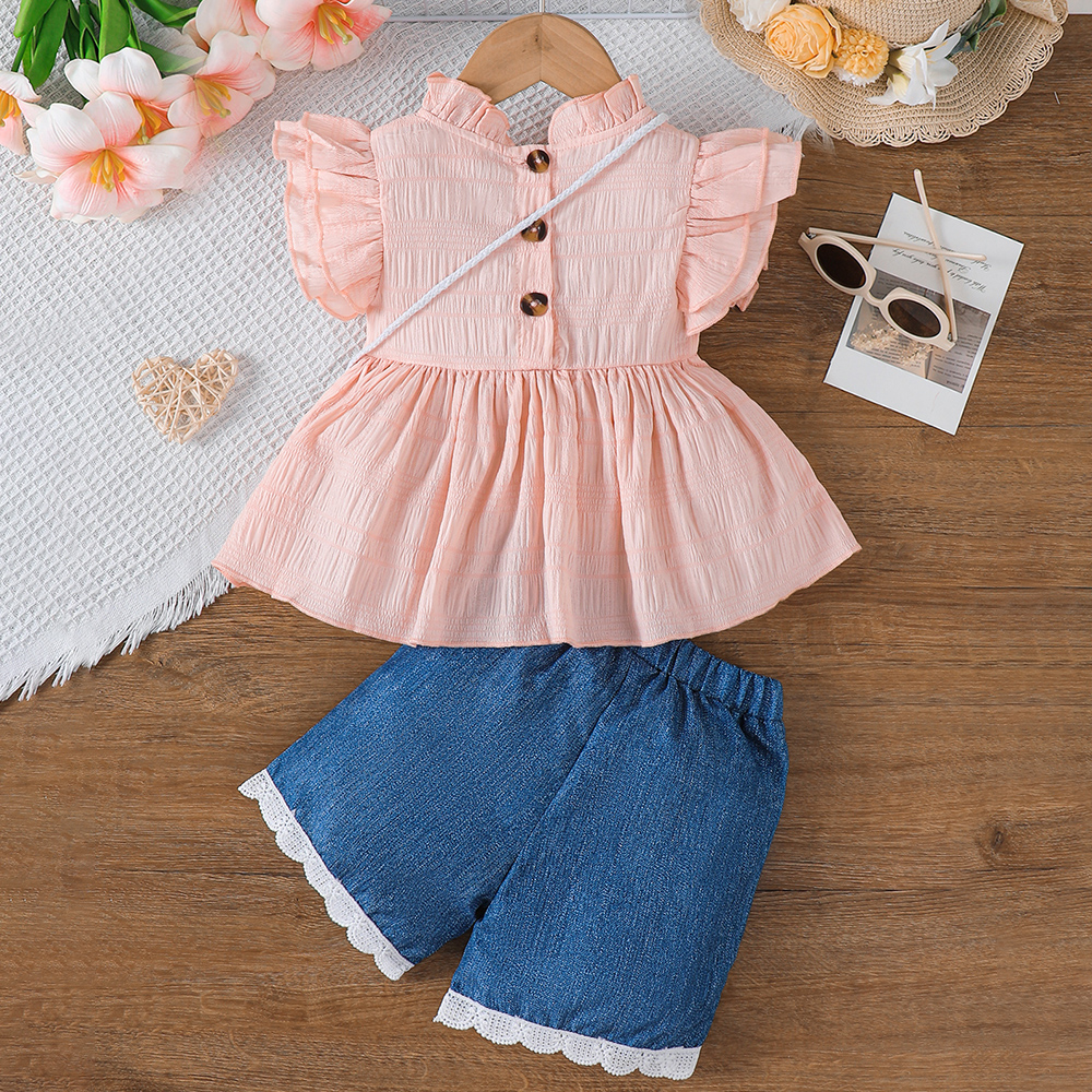 BrownBark - 3pc-Set - Casual Girls Matching Set With Bag - Pink/Blue