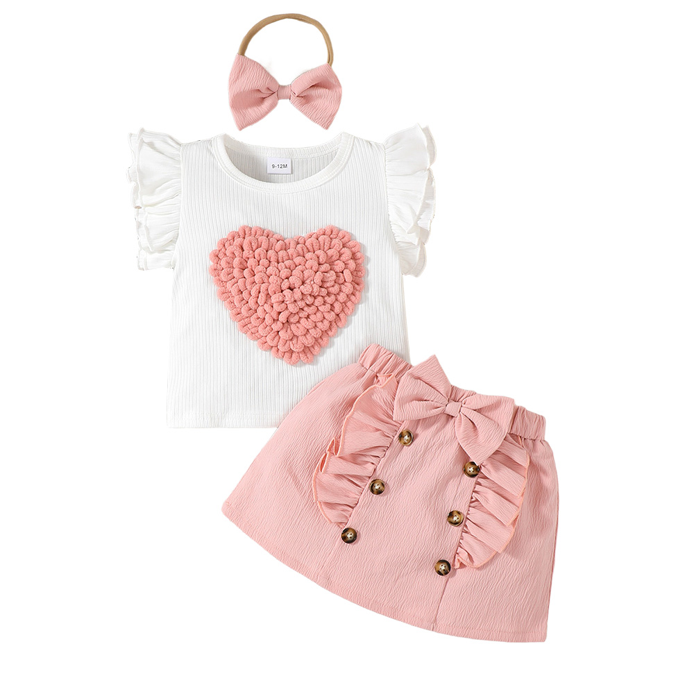 BrownBark - 3pc-Set - Cute Girls Heart Applique Matching Set - Pink