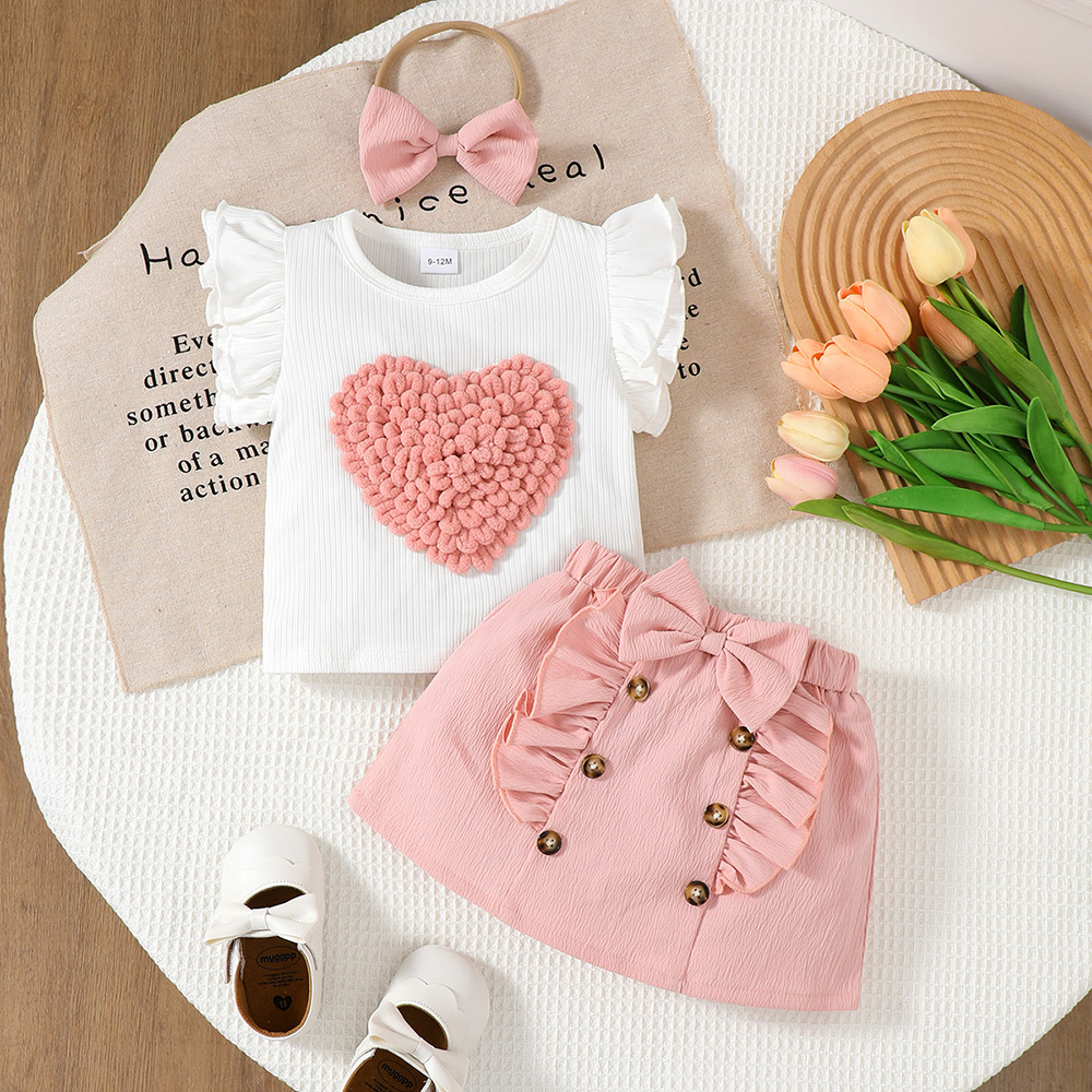 BrownBark - 3pc-Set - Cute Girls Heart Applique Matching Set - Pink