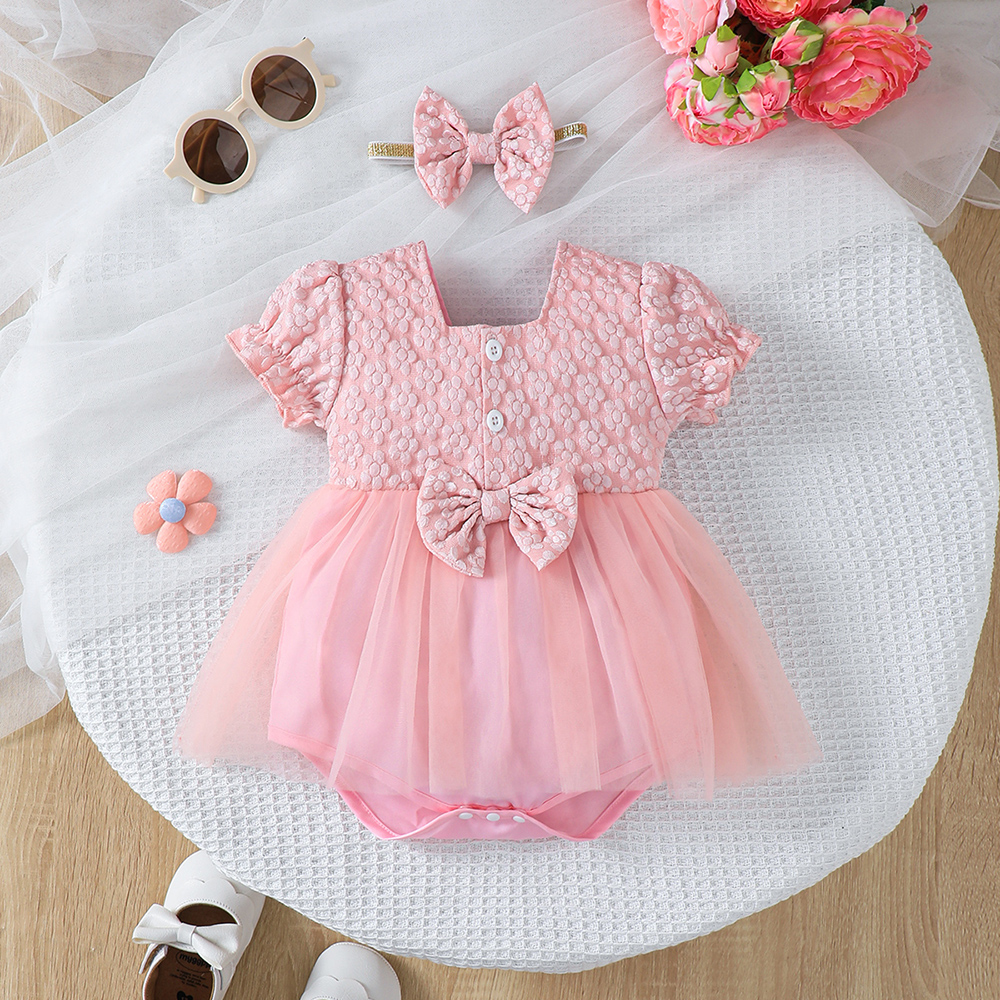 BrownBark - 2pc-Set - Cute Girls Flower Romper With Headband - Pink