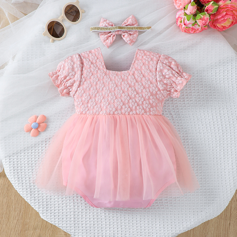 BrownBark - 2pc-Set - Cute Girls Flower Romper With Headband - Pink