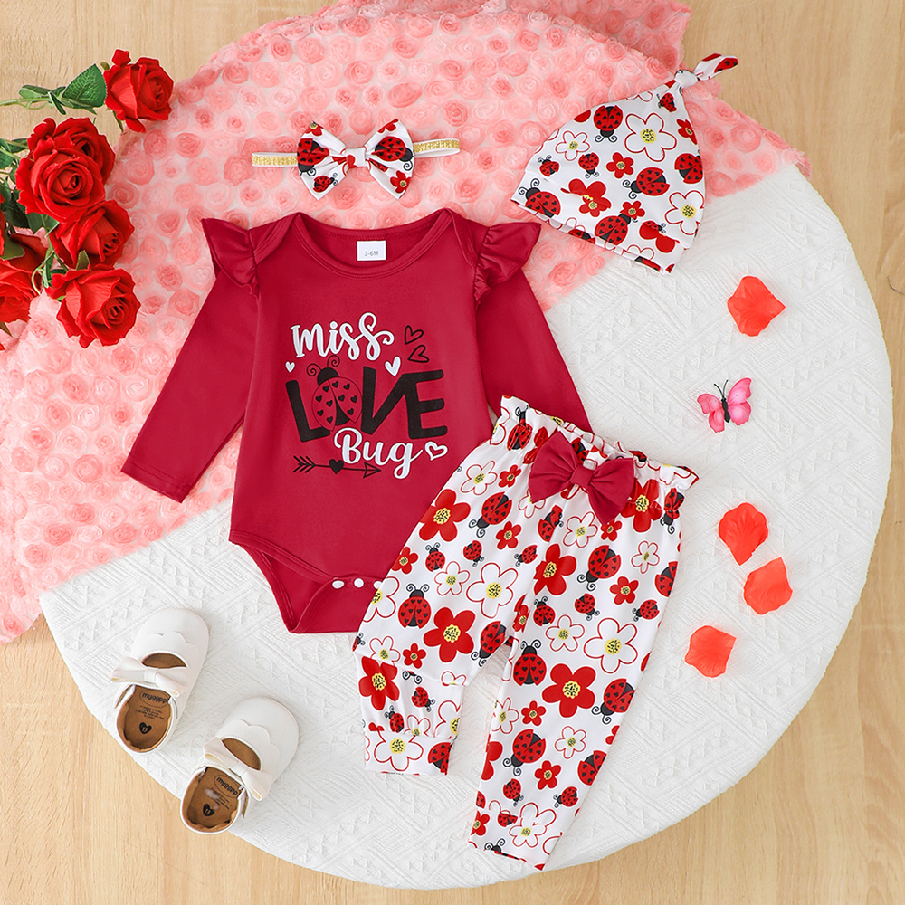 BrownBark - Printed Baby Romper 4 in 1 with hat & headband - Red - 22511064