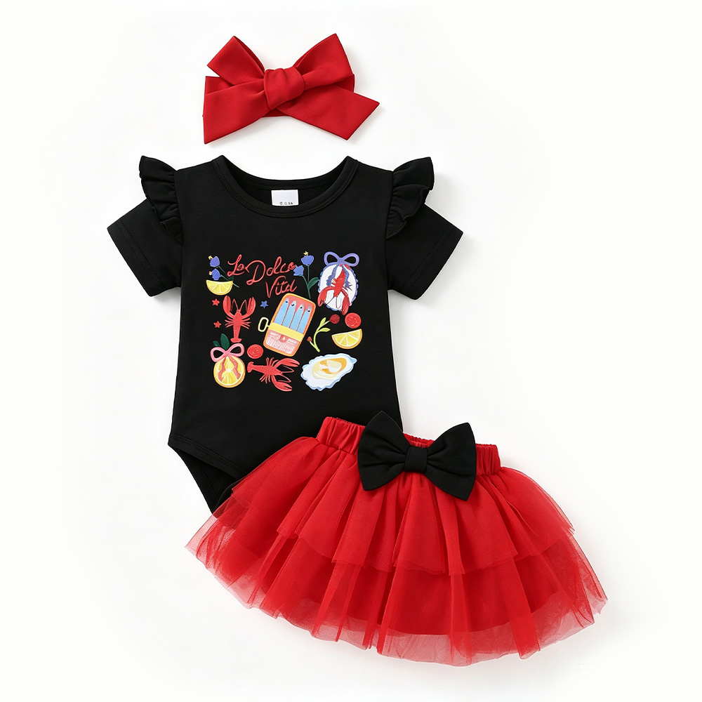 BrownBark - Printed Baby Matching Set 3 in 1 with headband - Black - 22601067