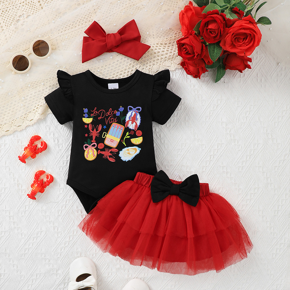 BrownBark - Printed Baby Matching Set 3 in 1 with headband - Black - 22601067