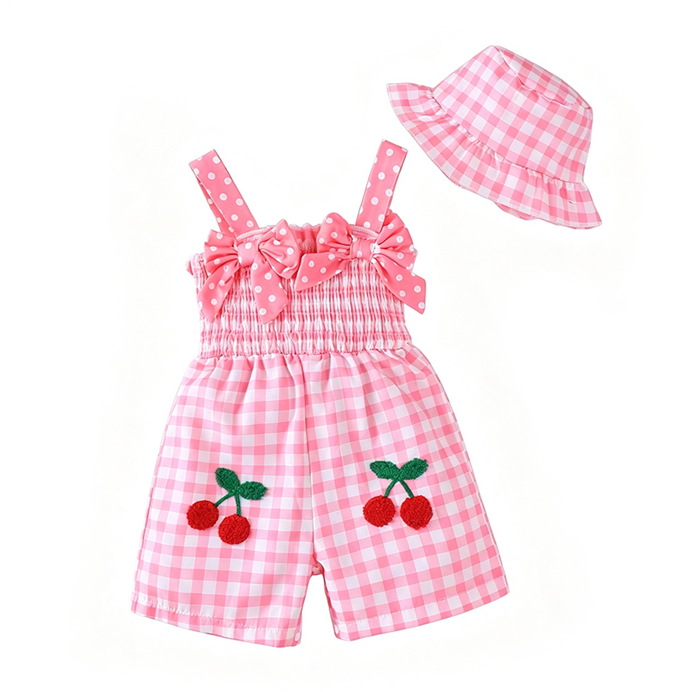 BrownBark - 2pc-Set - Girls Cherry Embroidered Romper With Hat - Pink