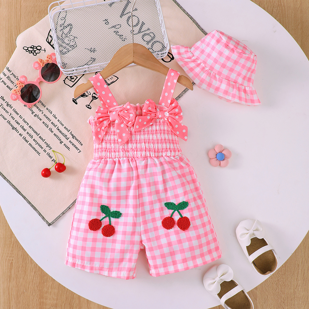 BrownBark - 2pc-Set - Girls Cherry Embroidered Romper With Hat - Pink