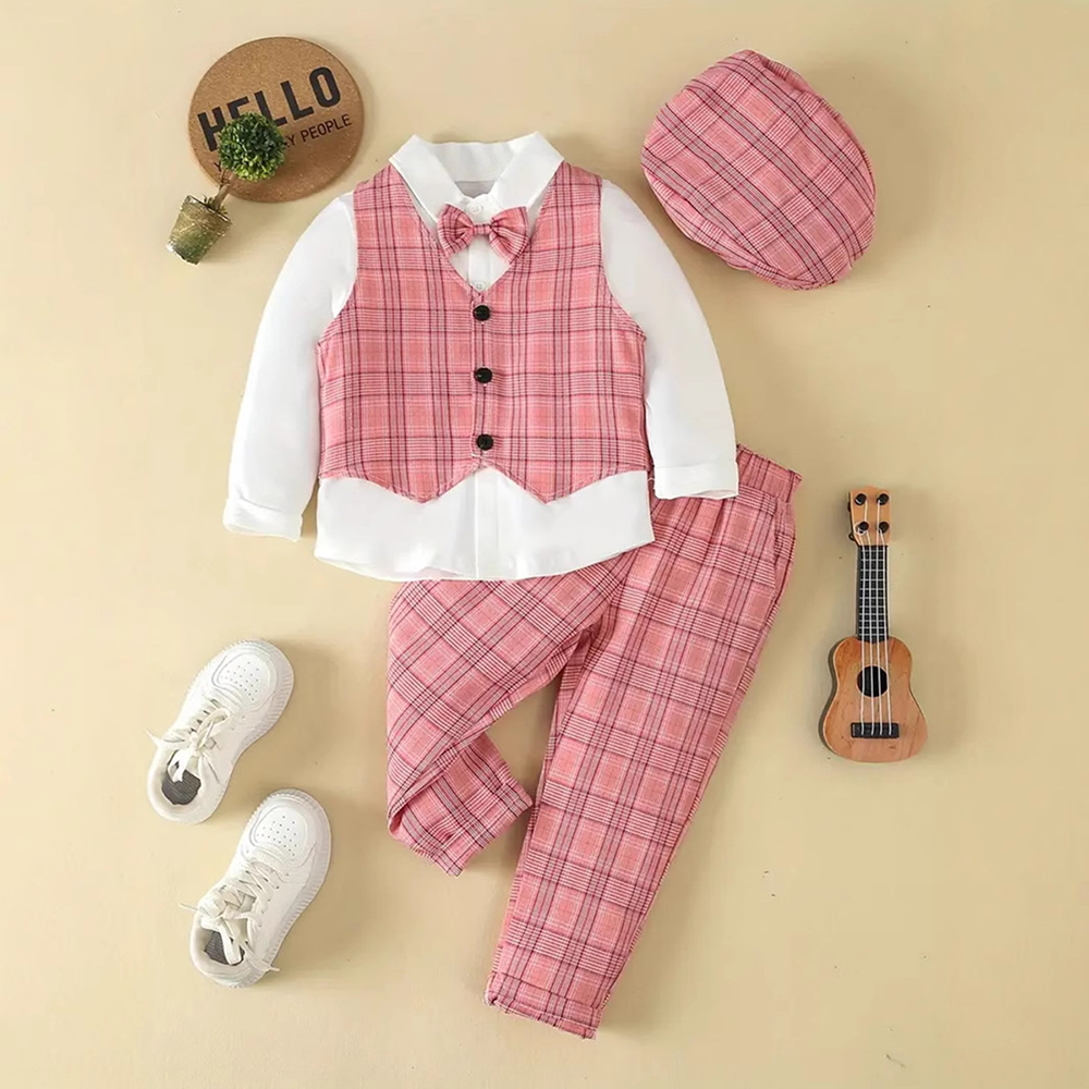 BrownBark - Bowknot Boys Matching Set 4 in 1 with hat - Pink - S224062206-3