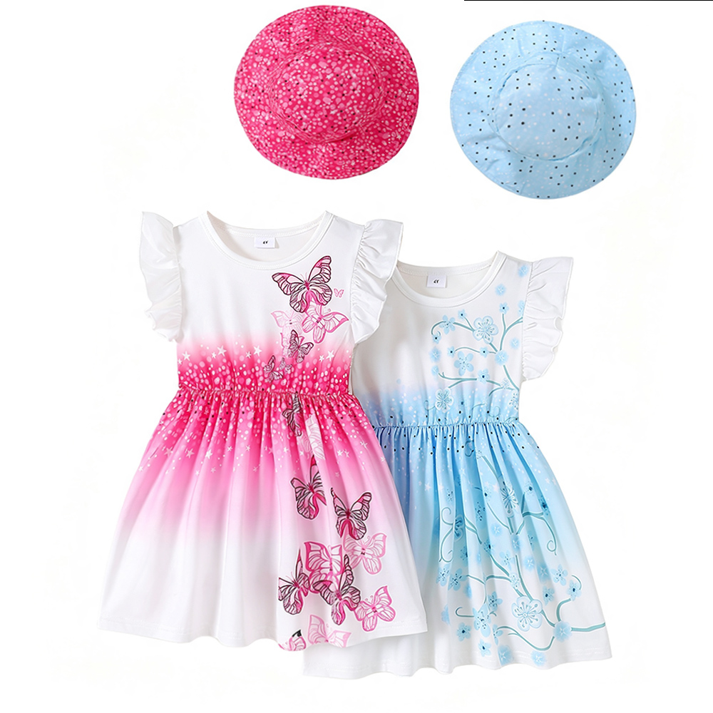Brownbark - 4pc-Set - Girl's Printed Round Neck Dress With Hat - Multicolor