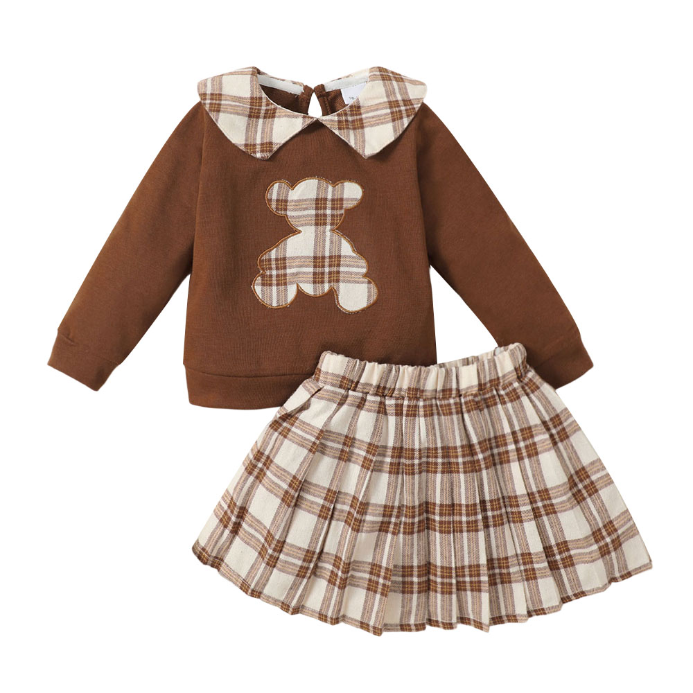 Brownbark - 2pc-Set - Girl's Plaid Peter Pan Collar Top & Skirts - Brown