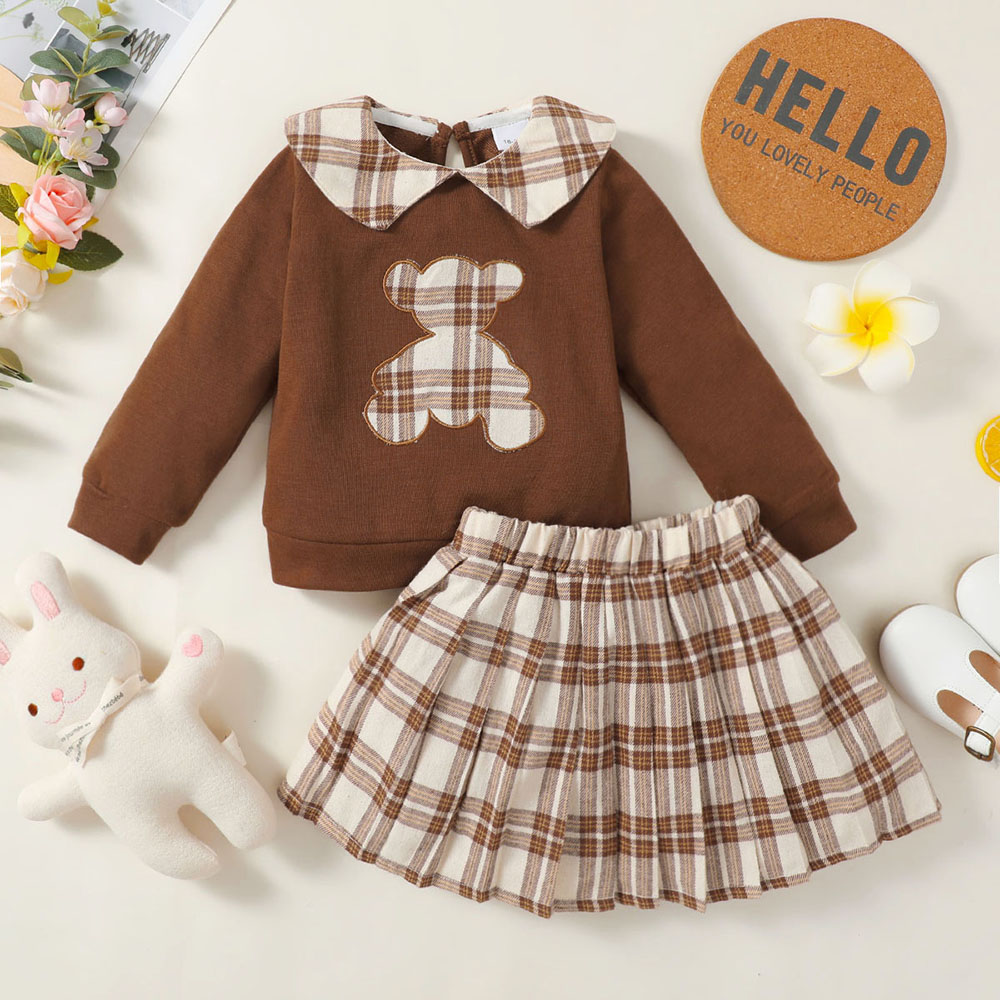 Brownbark - 2pc-Set - Girl's Plaid Peter Pan Collar Top & Skirts - Brown