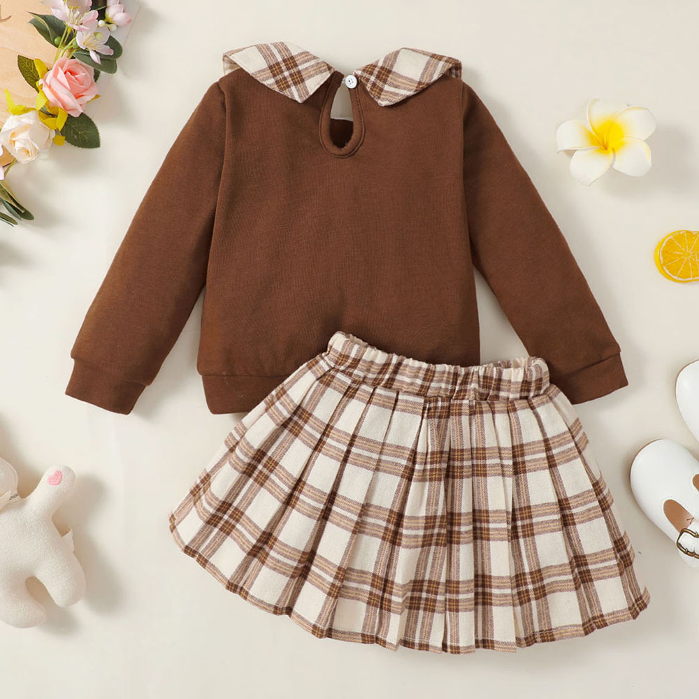 Brownbark - 2pc-Set - Girl's Plaid Peter Pan Collar Top & Skirts - Brown