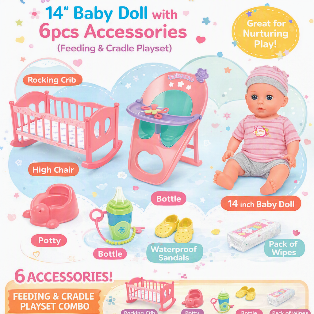 Vdora Dolls - Baby Doll Feeding & Cradle Playset - 14 Inch