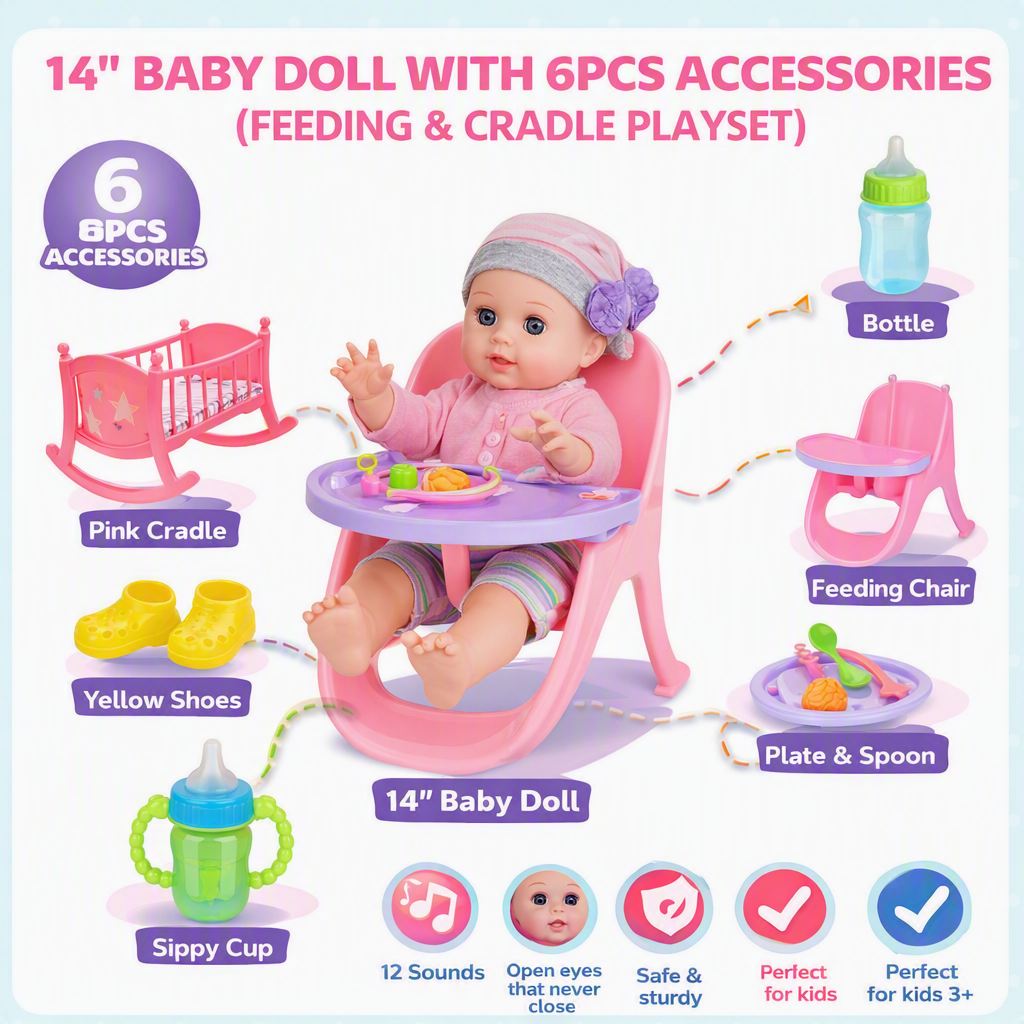 Vdora Dolls - Baby Doll Feeding & Cradle Playset - 14 Inch