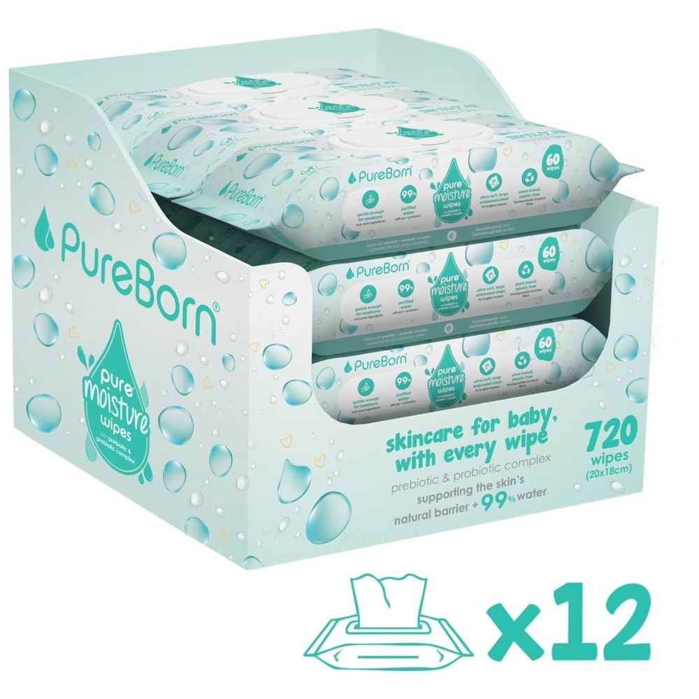Pureborn - Pure Moisture Water Wipes - Pack of 12 - 720 Pcs