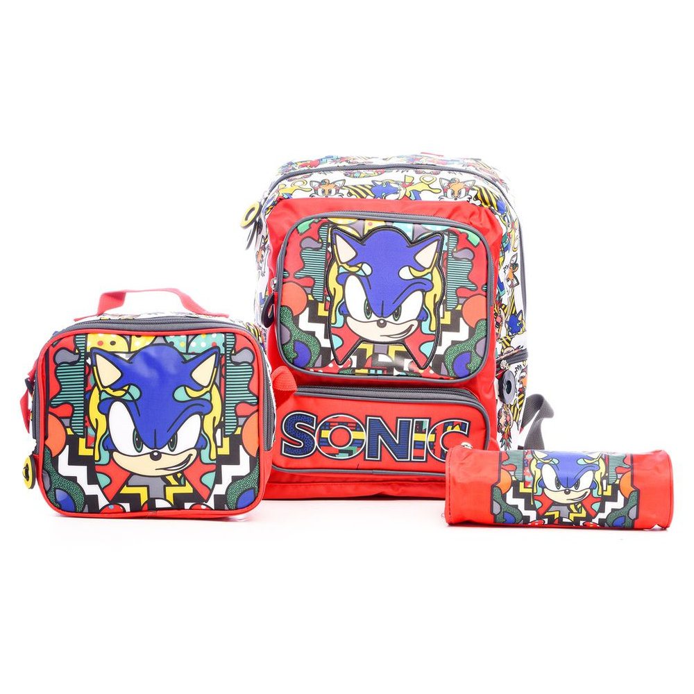 Sonic - School Backpack - 14-inch With Lunch Bag And Pencil Case - Red - 3pcs