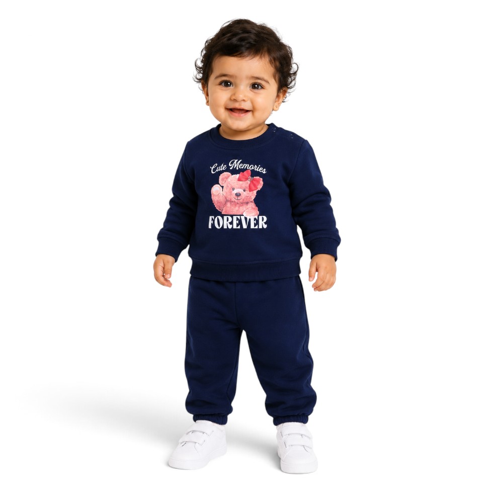 Victor and Jane - 2pc-Set - Baby Girl Cute Graphic Sweatshirt & Jogger Pant Set - Navy