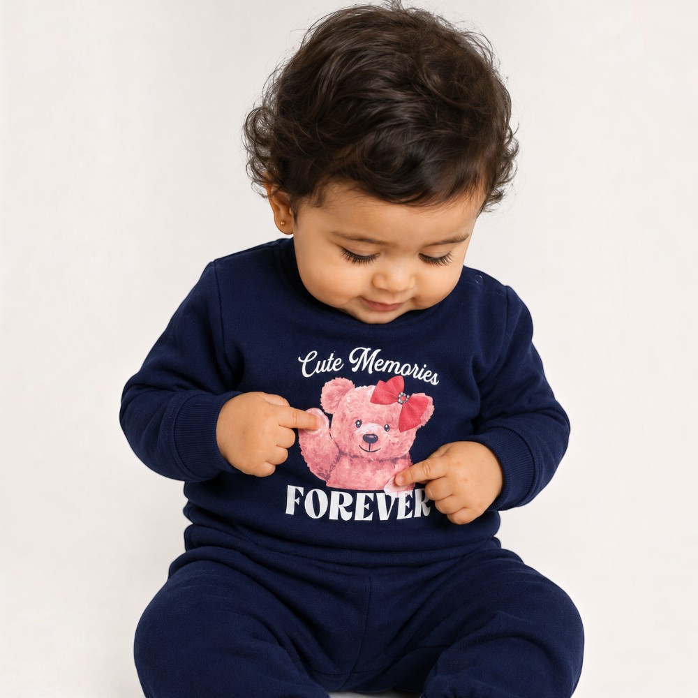Victor and Jane - 2pc-Set - Baby Girl Cute Graphic Sweatshirt & Jogger Pant Set - Navy