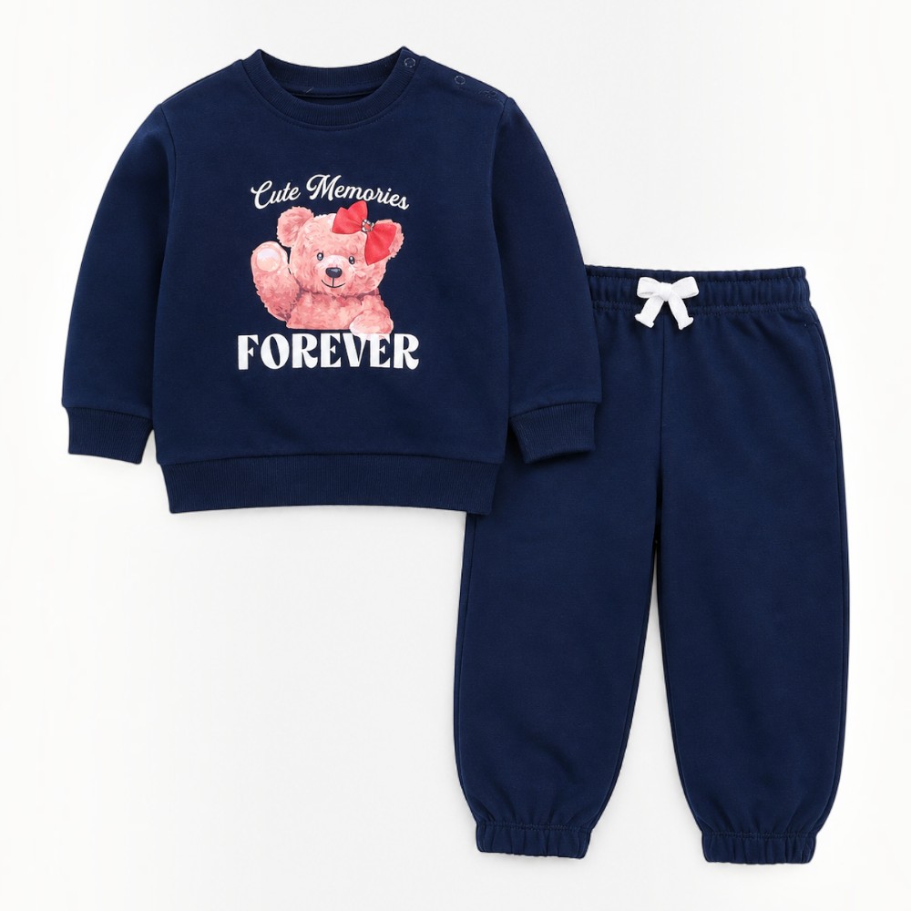 Victor and Jane - 2pc-Set - Baby Girl Cute Graphic Sweatshirt & Jogger Pant Set - Navy