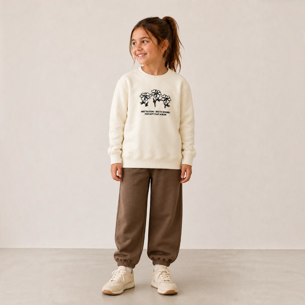 Victor and Jane - Girl's Floral Embroidery Pullover - Beige