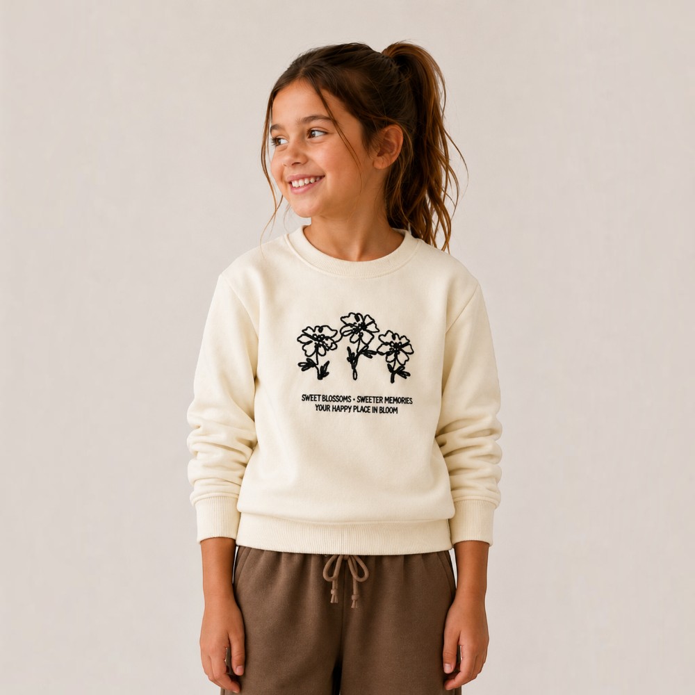 Victor and Jane - Girl's Floral Embroidery Pullover - Beige