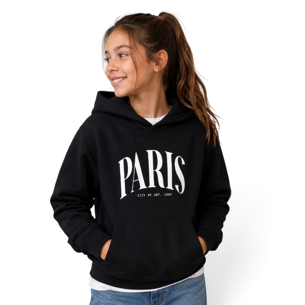 Victor and Jane - Girl's Paris Graphic Printed Hoodie - Black