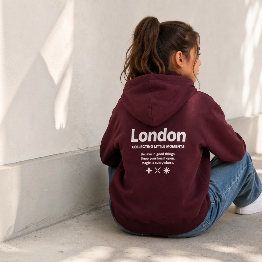 Victor and Jane - London Printed Graphic Hoodie - Maroon