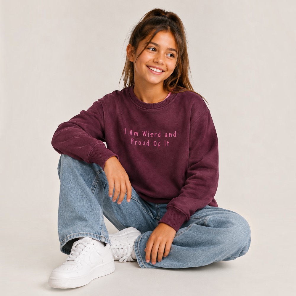 Victor and Jane - Girl's Round Neck Graphic Print Pullover - Burgundy