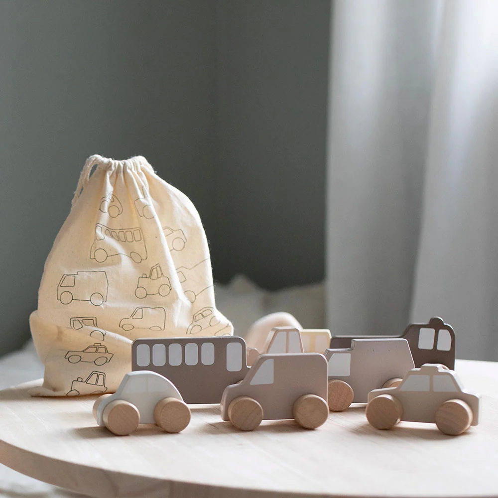 Jabadabado - My First Cars Wooden Playset With Bag - Beige - 8 Pcs