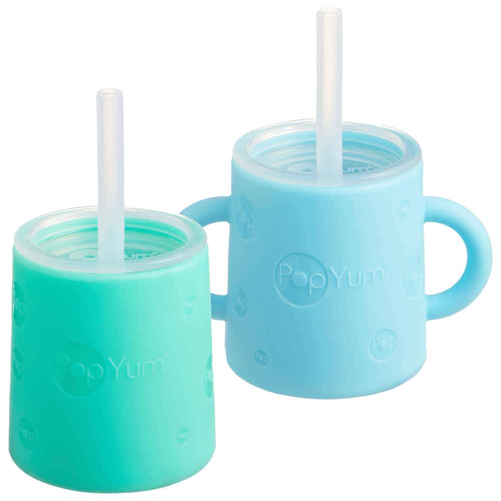 PopYum - Silicone Training Cup w/ Straw & Lid - Blue/Green - 2 Pcs