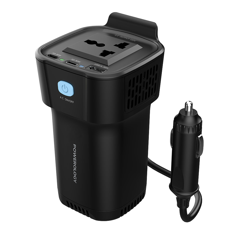 Powerology - Cup Holder Power Inverter With Dual USB-C & USB-A - Black - 150 W