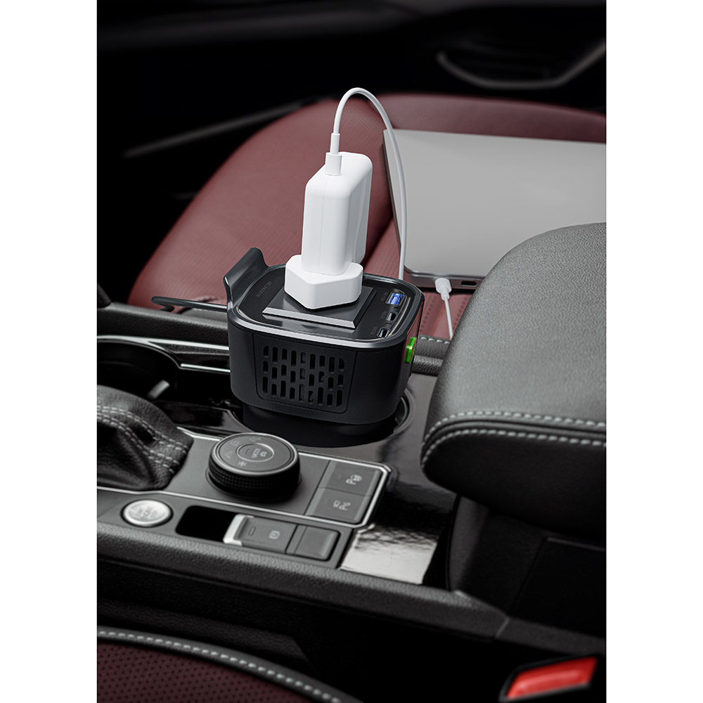 Powerology - Cup Holder Power Inverter With Dual USB-C & USB-A - Black - 150 W