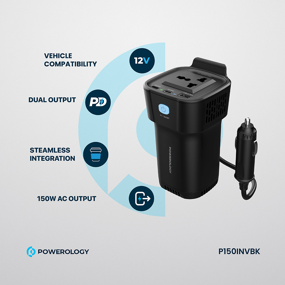 Powerology - Cup Holder Power Inverter With Dual USB-C & USB-A - Black - 150 W