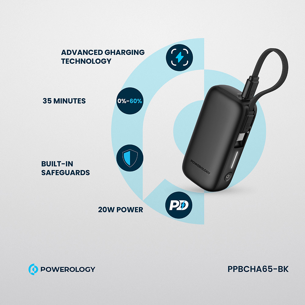 Powerology - Power Bank With Removable USB-C Wire - Black - 5000 mAh