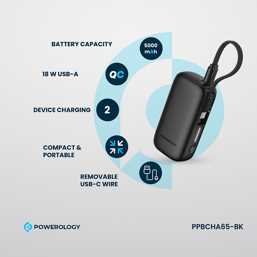 Powerology - Power Bank With Removable USB-C Wire - Black - 5000 mAh