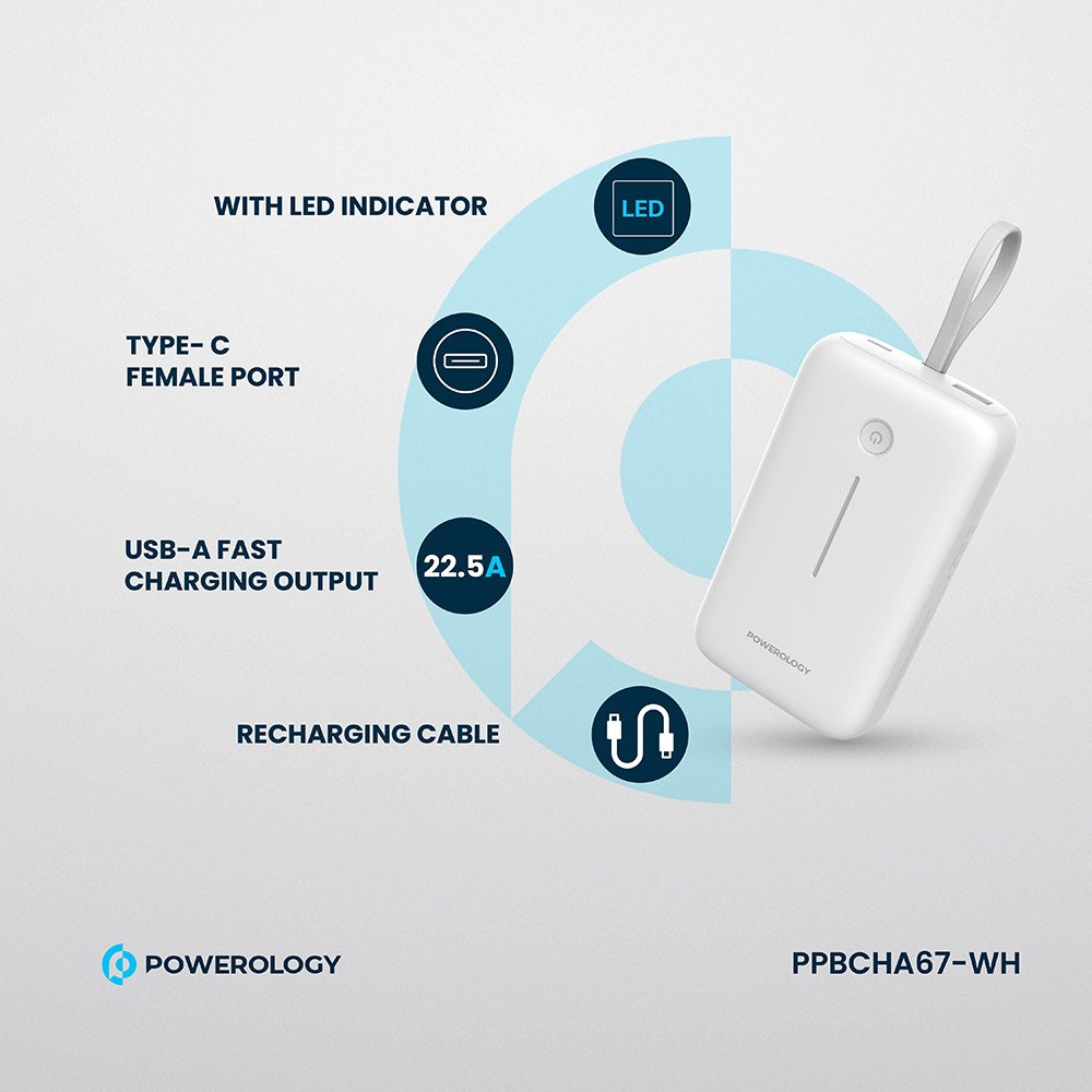 Powerology - Power Bank With Detachable USB-C Wire - White - 20000 mAh