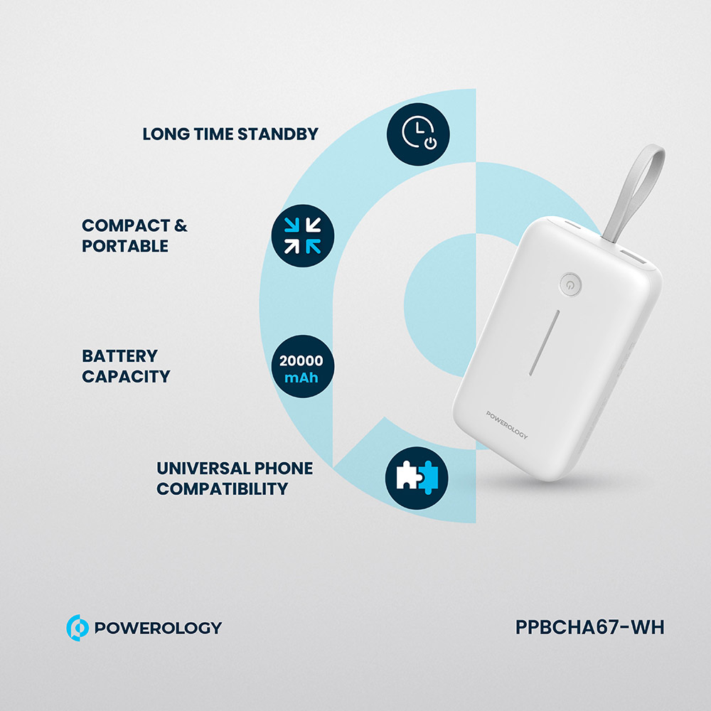 Powerology - Power Bank With Detachable USB-C Wire - White - 20000 mAh
